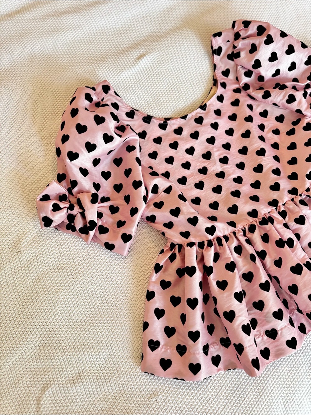 LOVESHACKFANCY Pink Taffeta & Black Velvet Heart Peplum Top Puff Sleeve Blouse - Picture 6 of 16